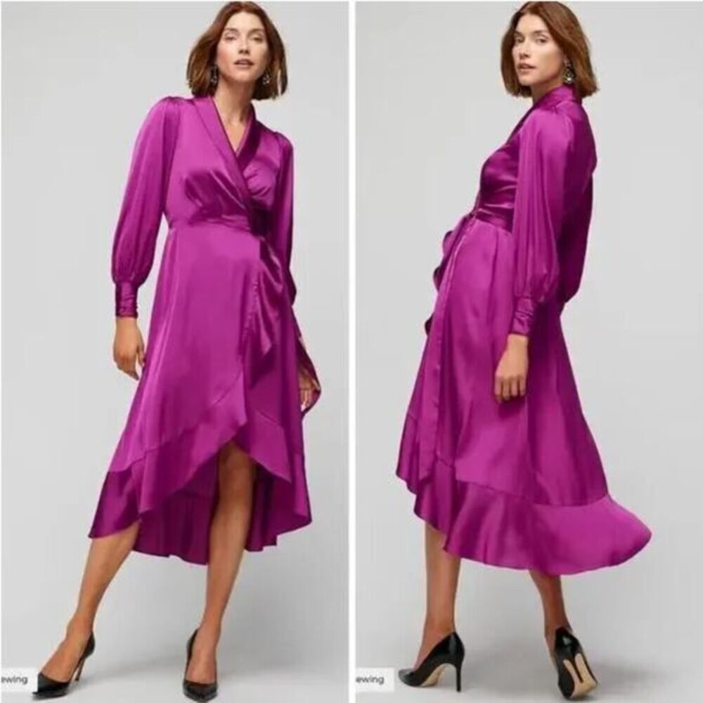 New! White House Black Market Long Sleeve Satin Ruffle Wrap‎ Dress, size 6